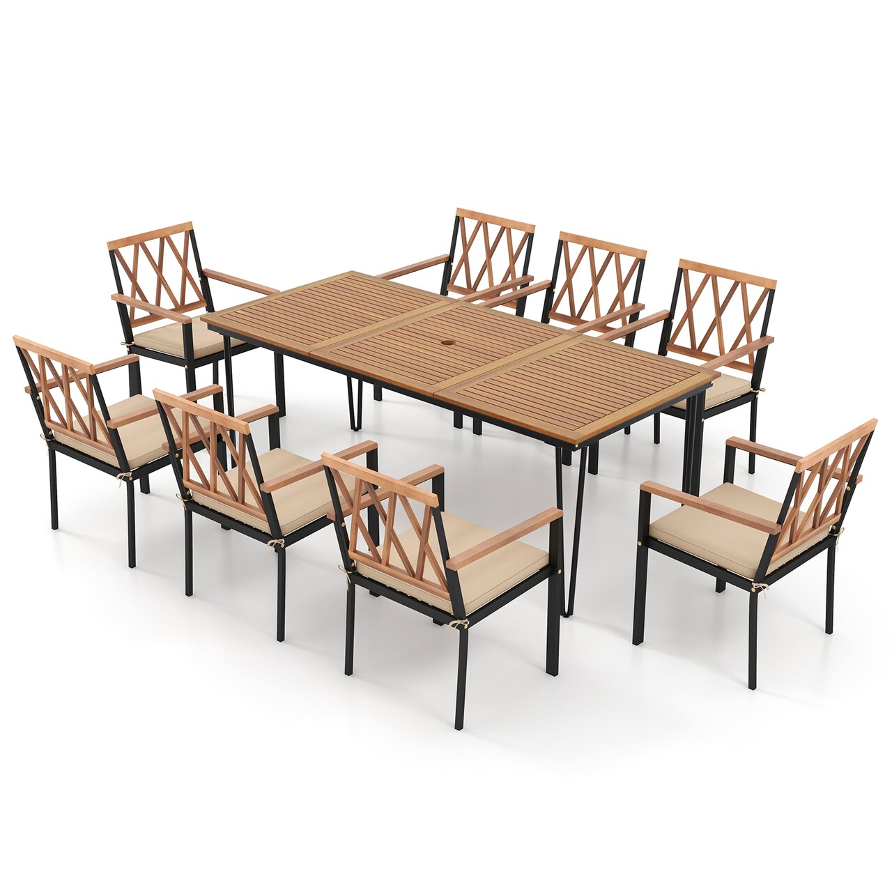 9-Piece Outdoor Dining Set with Natural Acacia Wood Table & Cushioned Chairs